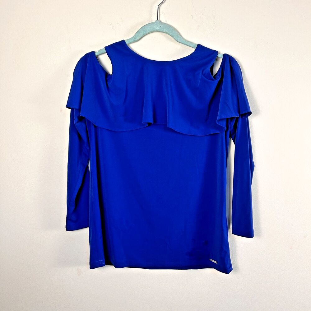 Michael Kors Womens Medium Blue Cold Shoulder Blouse Ruffle NWT Stretch Top